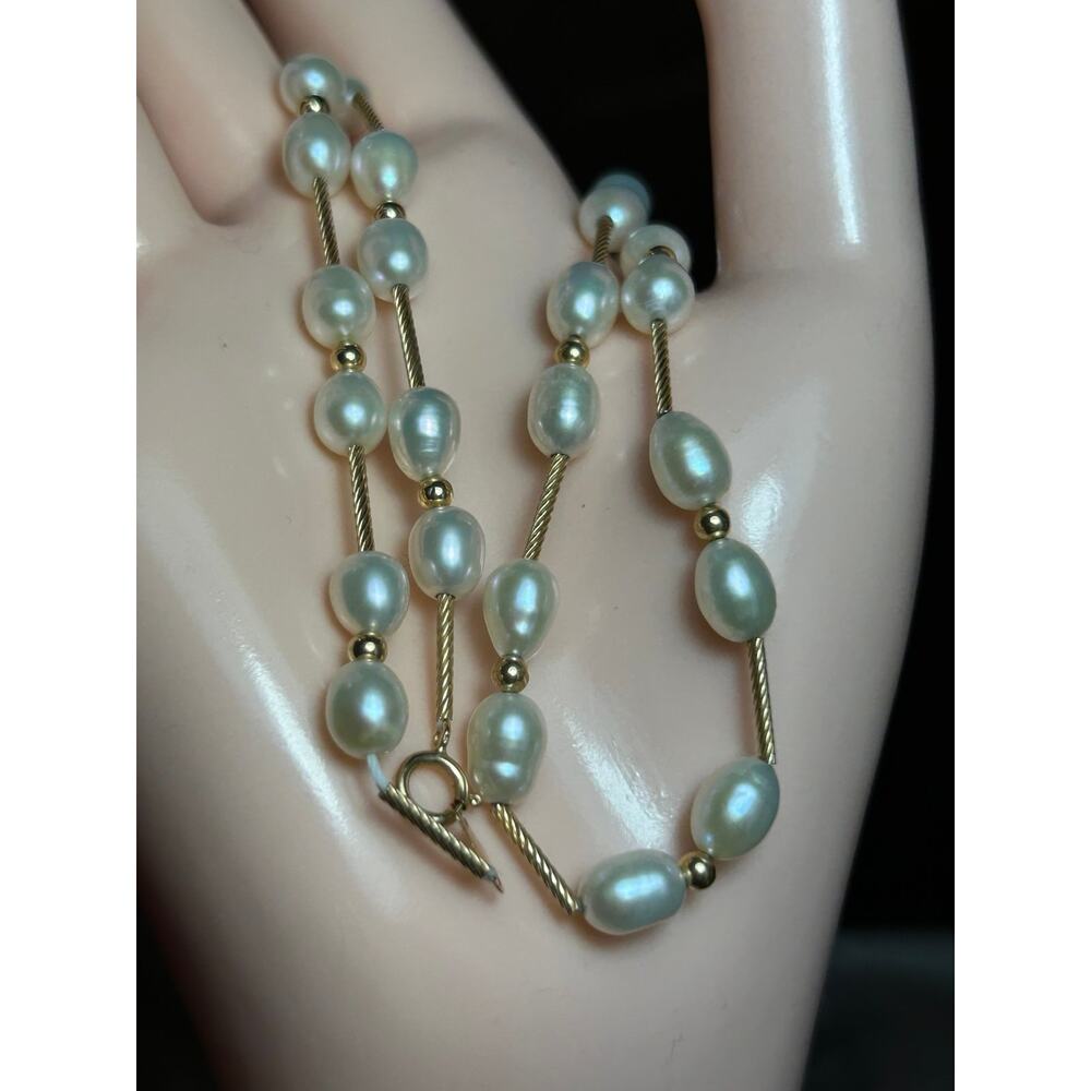 14k solid yellow gold white pearl bead station necklace fine jewelry 12.77g